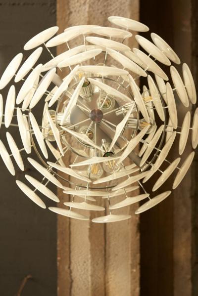  Vistosi Monumental White Iridescent Murano Glass Disc Chandelier Attributed to Vistosi