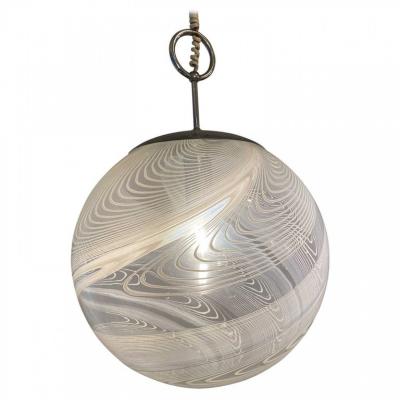  Vistosi Pair Italian Modern White and Clear Handblown Glass Globe Chandelier Vistosi