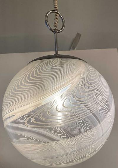  Vistosi Pair Italian Modern White and Clear Handblown Glass Globe Chandelier Vistosi