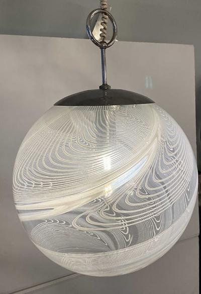  Vistosi Pair Italian Modern White and Clear Handblown Glass Globe Chandelier Vistosi