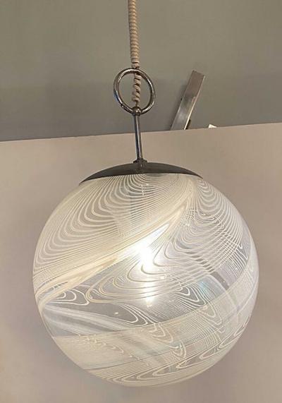  Vistosi Pair Italian Modern White and Clear Handblown Glass Globe Chandelier Vistosi