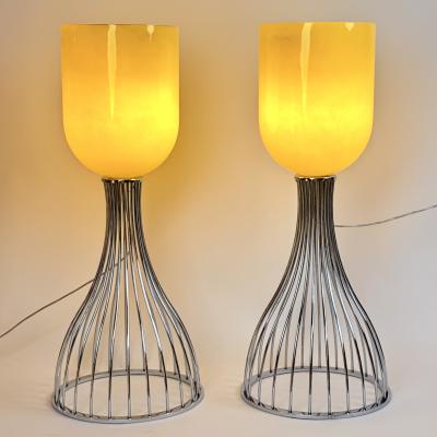  Vistosi Pair of Chrome Metal and Yellow Murano Glass Table Lamps by Vistosi 1990s