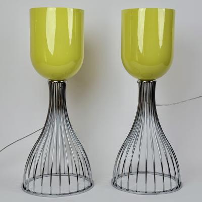  Vistosi Pair of Chrome Metal and Yellow Murano Glass Table Lamps by Vistosi 1990s