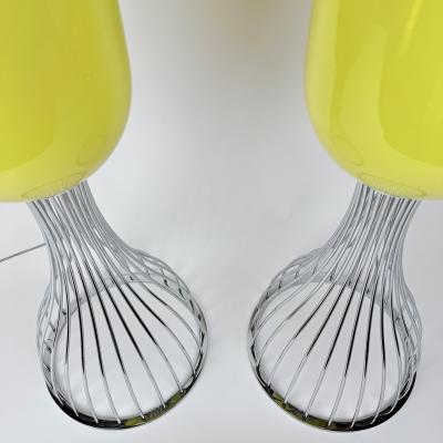  Vistosi Pair of Chrome Metal and Yellow Murano Glass Table Lamps by Vistosi 1990s