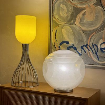  Vistosi Pair of Chrome Metal and Yellow Murano Glass Table Lamps by Vistosi 1990s