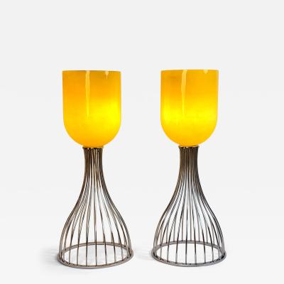  Vistosi Pair of Chrome Metal and Yellow Murano Glass Table Lamps by Vistosi 1990s