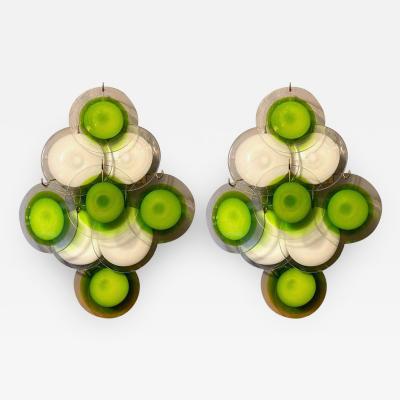  Vistosi Pair of Green and White Vistosi Disc Murano Glass Sconces or Wall Light 1970s