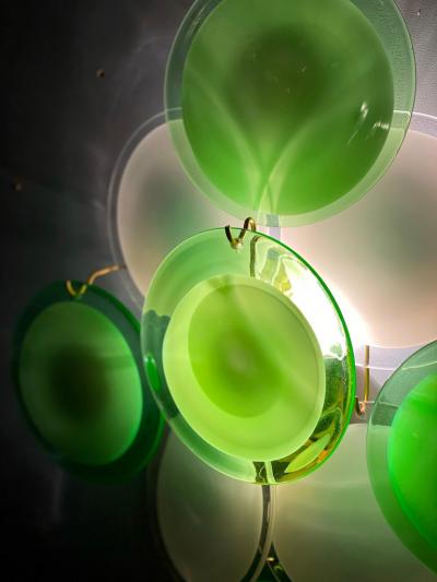  Vistosi Pair of Green and White Vistosi Disc Murano Glass Sconces or Wall Light 1970s