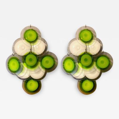  Vistosi Pair of Green and White Vistosi Disc Murano Glass Sconces or Wall Light 1970s