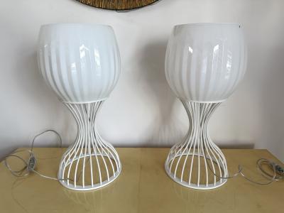  Vistosi Pair of Lamps Cup Murano Glass and White Metal by Vistosi Italy 1990s