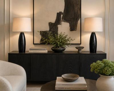  Visual Comfort Company Marian Jamieson Ebonized Oak Bullet Lamps with Oyster Linen Shades