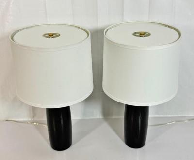  Visual Comfort Company Marian Jamieson Ebonized Oak Bullet Lamps with Oyster Linen Shades