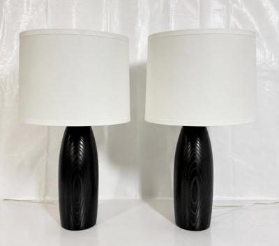  Visual Comfort Company Marian Jamieson Ebonized Oak Bullet Lamps with Oyster Linen Shades
