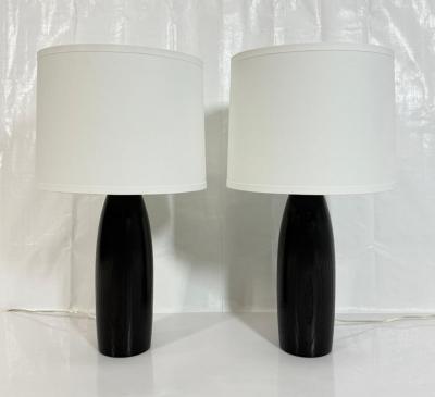  Visual Comfort Company Marian Jamieson Ebonized Oak Bullet Lamps with Oyster Linen Shades