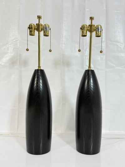  Visual Comfort Company Marian Jamieson Ebonized Oak Bullet Lamps with Oyster Linen Shades