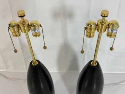  Visual Comfort Company Marian Jamieson Ebonized Oak Bullet Lamps with Oyster Linen Shades