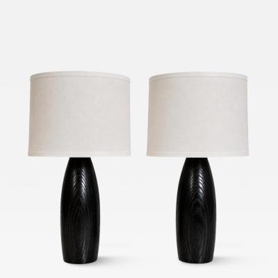  Visual Comfort Company Marian Jamieson Ebonized Oak Bullet Lamps with Oyster Linen Shades