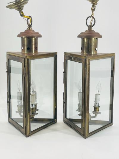  Visual Comfort Company Pair of 1970s American Solid Brass Glass Lantern Pendant Sconces