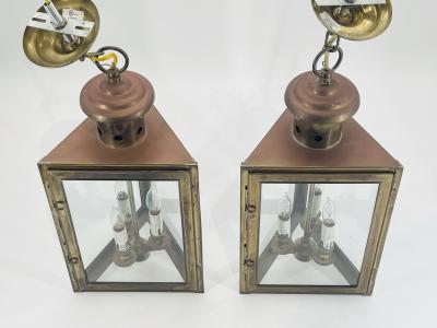 Visual Comfort Company Pair of 1970s American Solid Brass Glass Lantern Pendant Sconces
