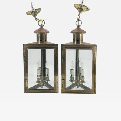  Visual Comfort Company Pair of 1970s American Solid Brass Glass Lantern Pendant Sconces