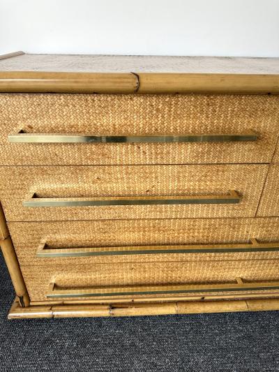  Vivai del Sud Bamboo Rattan Brass Chest of Drawers by Vivai Del Sud Italy 1970s