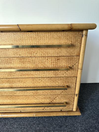  Vivai del Sud Bamboo Rattan Brass Chest of Drawers by Vivai Del Sud Italy 1970s