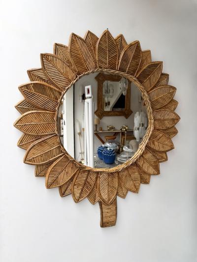  Vivai del Sud Rattan Sunflower Mirror by Vivai Del Sud Italy 1970s