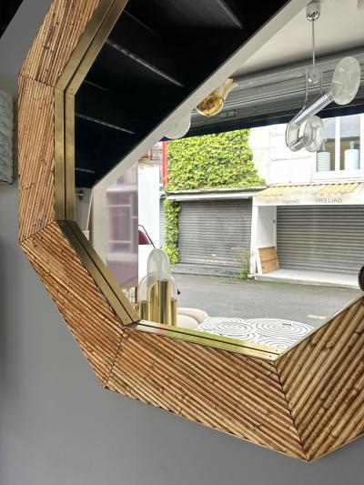  Vivai del Sud Rattan and Brass Octogonal Wall Mirror by Vivai Del Sud Italy 1970s