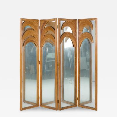  Vivai del Sud Vivai del Sud Mid Century Italian Bamboo Rattan Palm Tree Folding Screen Mirror