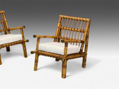  Vivai del Sud Vivai del Sud attr Indian Cane Wicker Brass Lounge Chairs Italy 1970s