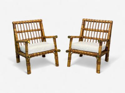  Vivai del Sud Vivai del Sud attr Indian Cane Wicker Brass Lounge Chairs Italy 1970s