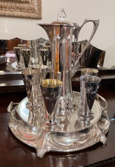  WMF W rttembergische Metallwarenfabrik W M F Art Nouveau Silver Wine Carafe with Cups and Tray by WMF