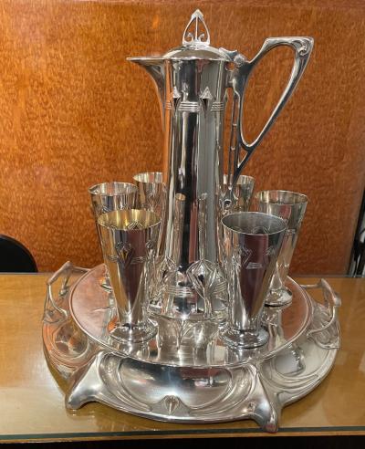  WMF W rttembergische Metallwarenfabrik W M F Art Nouveau Silver Wine Carafe with Cups and Tray by WMF