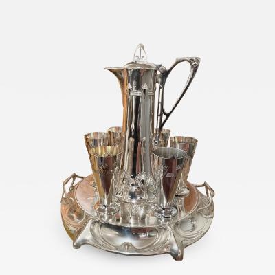  WMF W rttembergische Metallwarenfabrik W M F Art Nouveau Silver Wine Carafe with Cups and Tray by WMF