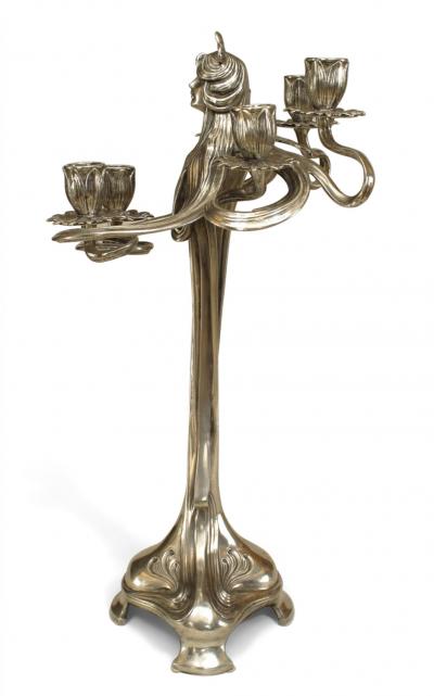  WMF W rttembergische Metallwarenfabrik W M F Pair of Art Nouveau Silvered Pewter Figural Candelabras