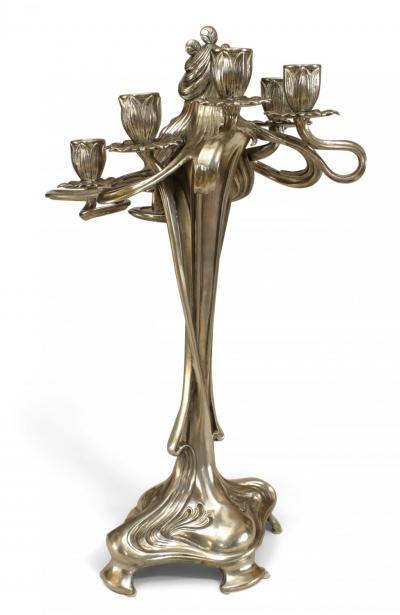  WMF W rttembergische Metallwarenfabrik W M F Pair of Art Nouveau Silvered Pewter Figural Candelabras