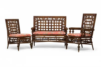  Wakerfield Rattan 3 Piece Wicker Scroll and Lattice Design Seating Set with Floral Cushions