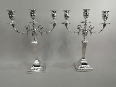  Walker Hall Pair of Antique English Victorian Neoclassical 3 Light Candelabra 1898