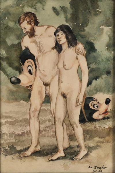  Walt Disney Studios California Funk Art Watercolor of Adam and Eve U S A 1988