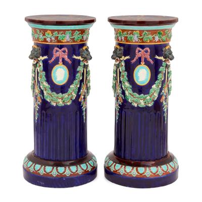  Wedgwood Pair of antique English majolica pedestals by Wedgwood