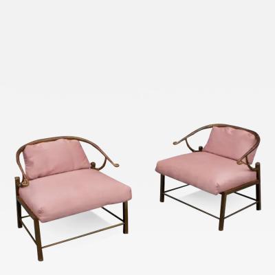  Weiman Warren Lloyd Pair of Warren Lloyd for Mastercraft Brass Pink Fabric Empress Lounge Chairs