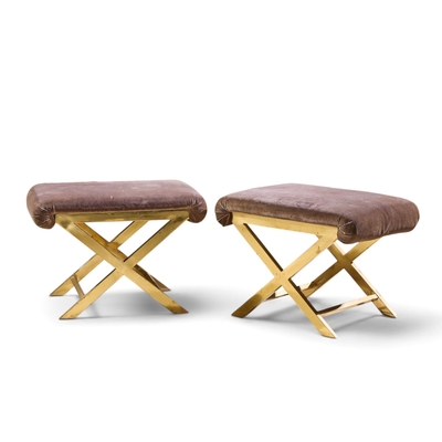  Weiman Warren Lloyd Warren Lloyd for Weiman Mid Century Brass X Base Stools Pair