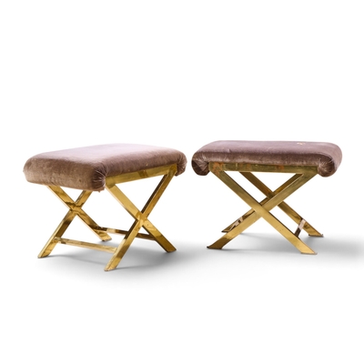  Weiman Warren Lloyd Warren Lloyd for Weiman Mid Century Brass X Base Stools Pair