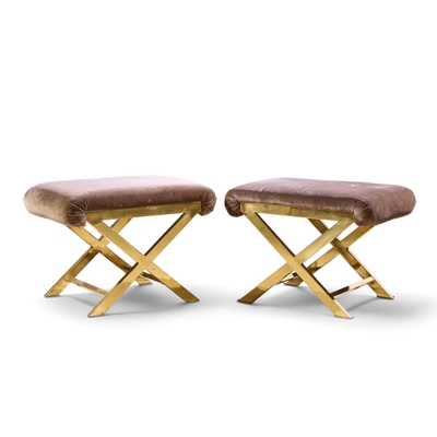  Weiman Warren Lloyd Warren Lloyd for Weiman Mid Century Brass X Base Stools Pair