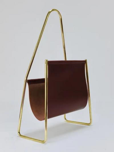 Werkst tte Carl Aub ck Carl Aub ck II Midcentury Magazine Rack Brass Brown Leather Vintage Austria