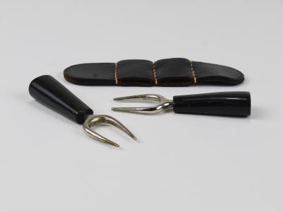  Werkst tte Carl Aub ck Carl Aubock Pair Forks Horn Brass Leather Holder Corn Cob Skewers 1930s