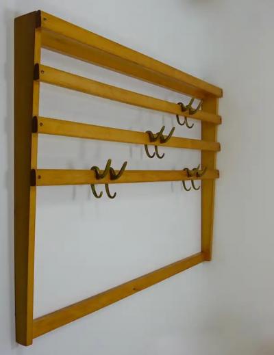 Werkst tte Carl Aub ck Large Carl Aub ck Mid Century Coat Rack Beech Wardrobe with 8 Brass Hooks 1950s