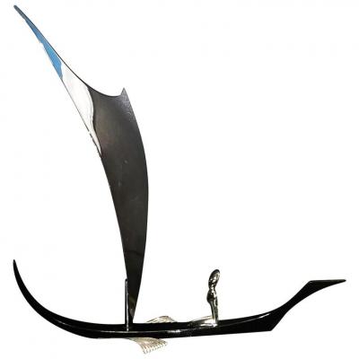  Werkst tte Hagenauer Wien ART DECO MODERNIST WOMAN ON BOAT WITH SAIL SCULPTURE BY HAGENAUER