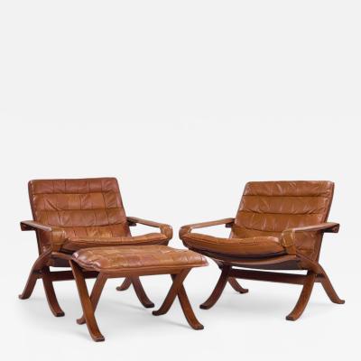  Westnofa Furniture Westnofa Mid Century Norwegian Bentwood and Leather Lounge Chairs Pair