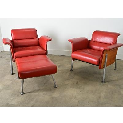  Wilkhahn Pair of German Leather Armchairs Ottoman by Wilkhahn